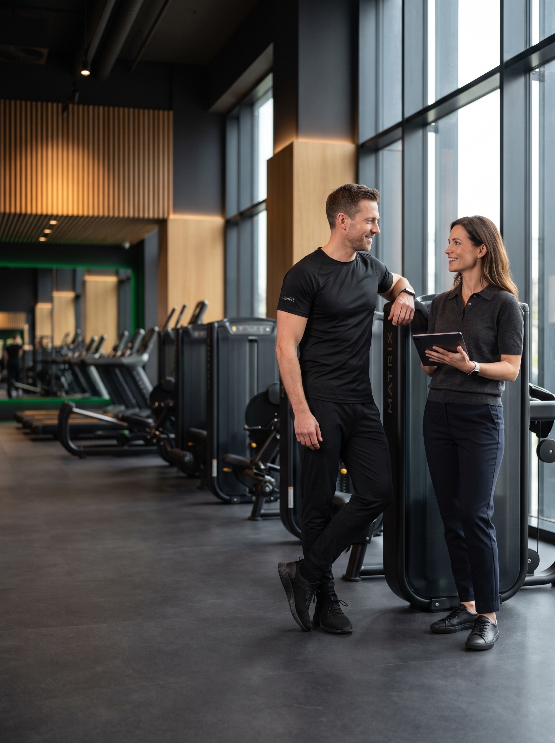 JonFit Mitarbeiter im Gespräch mit einer Kooperationspartnerin